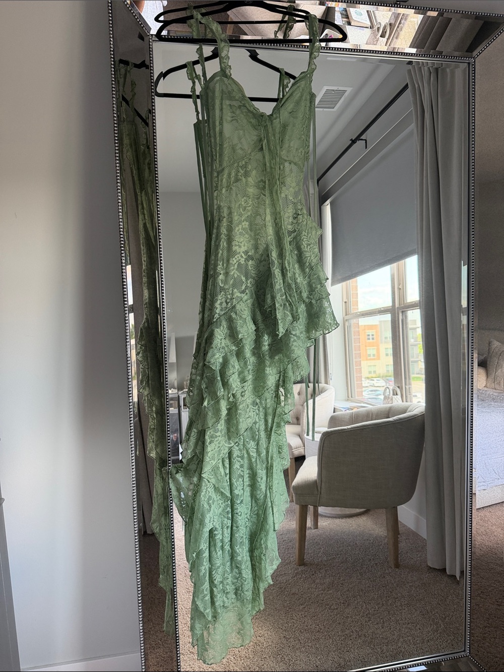 Fashion Nova Sage Green Asymmetrical Lace Ruffle Dress-Never Worn